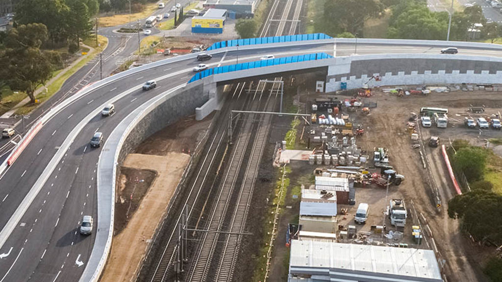 Aerial view of new bridge over rail line at Cherry Street