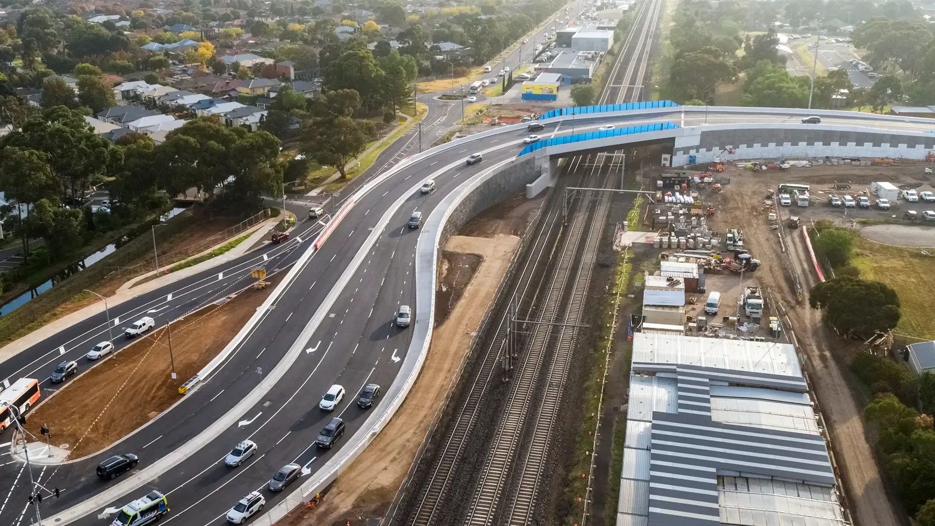 Aerial view of new bridge over rail line at Cherry Street 