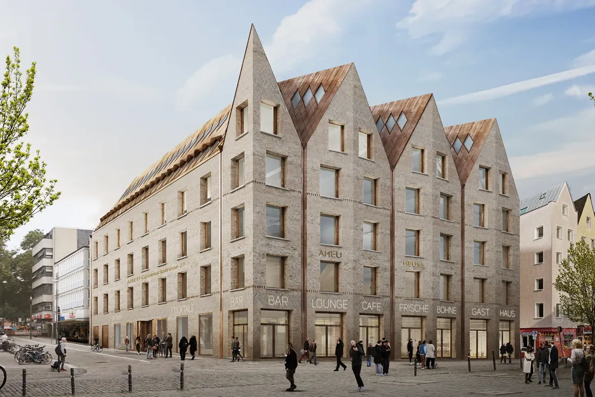 A large building with people walking around.