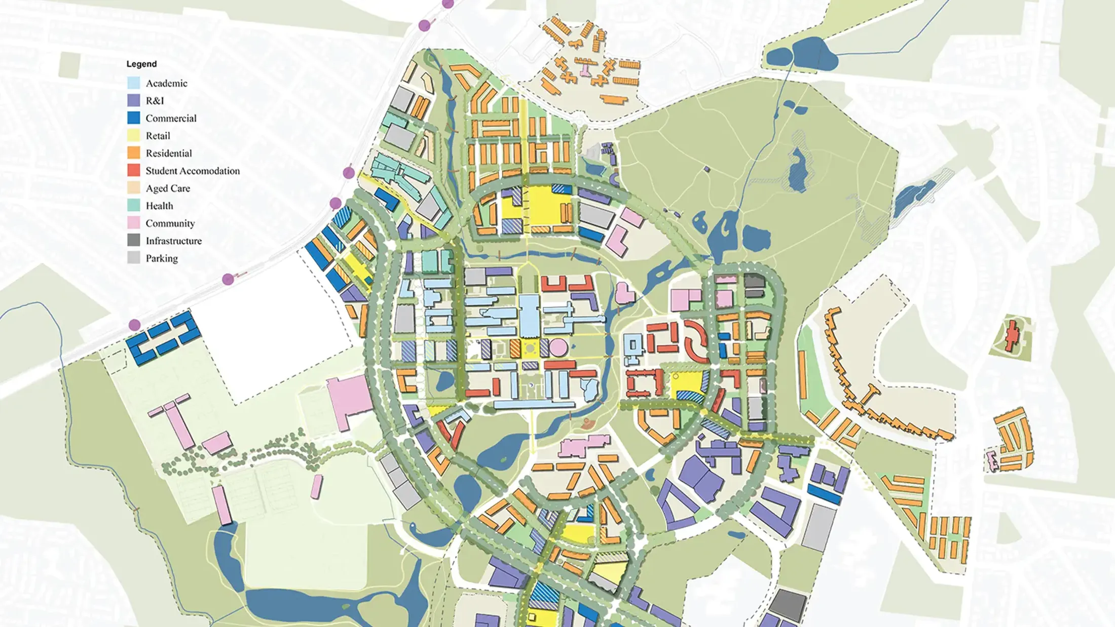 Drawing of a campus map from above with colours and labels