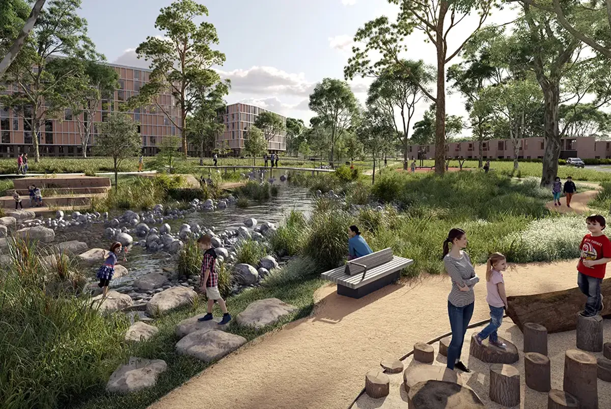 Artist drawing of concept design for landscaped gardens and water way on campus