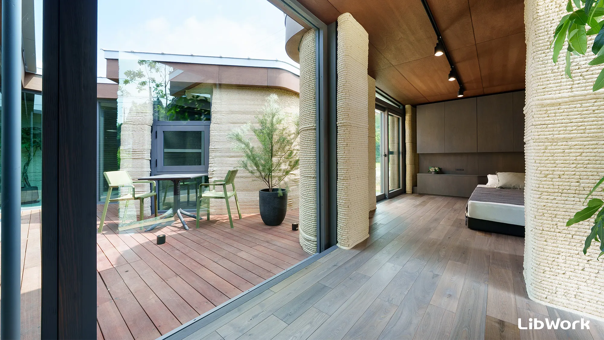 A deck with a wood deck and a wood deck with a plant and a wood floor and a.