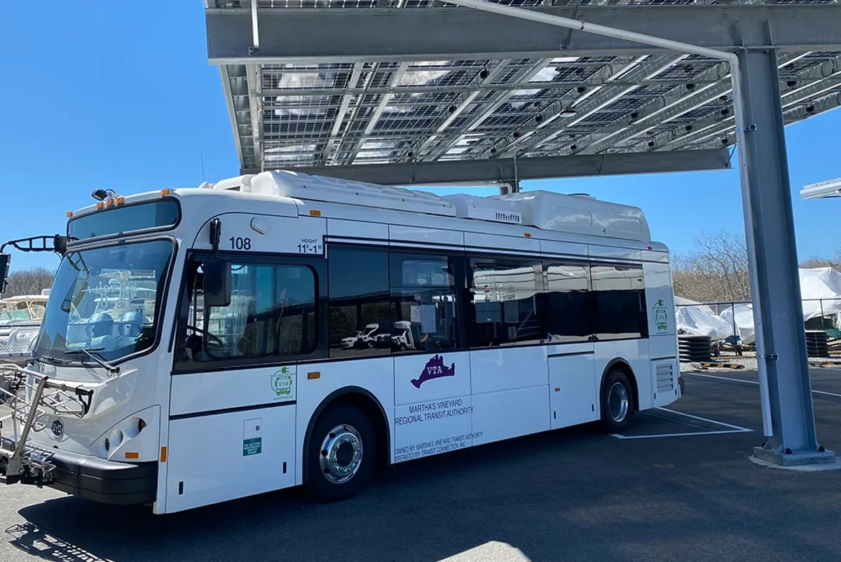 Buses parked under a solar array