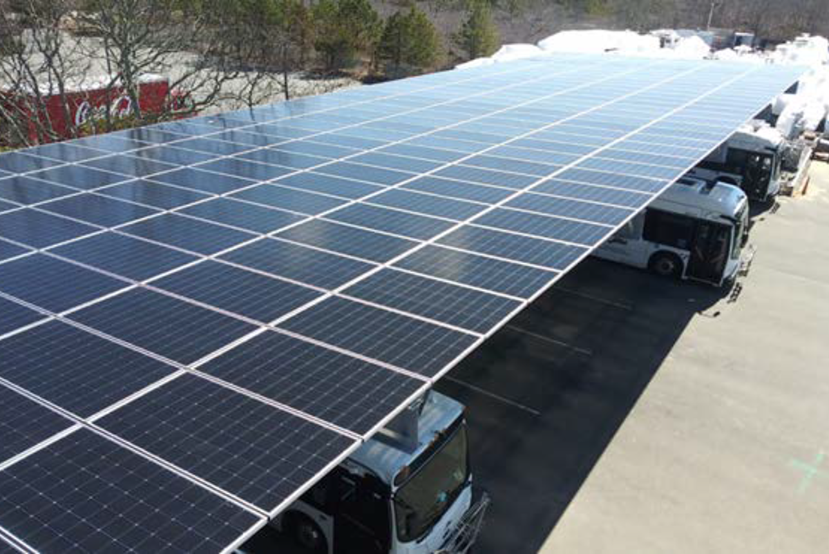 Aerial view of a solar array shelter for buses