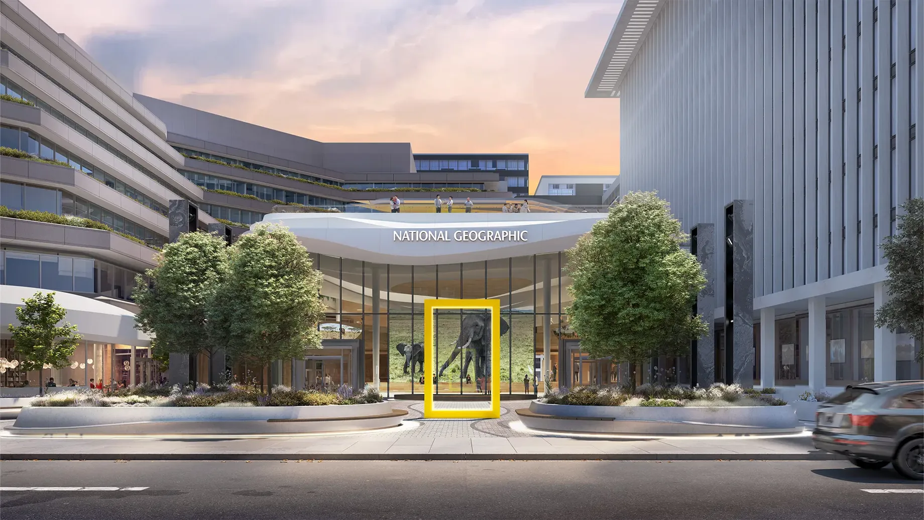 A building with a yellow sign.