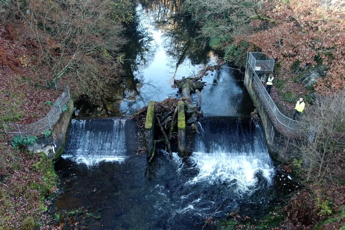 A small waterfall with a bridge.