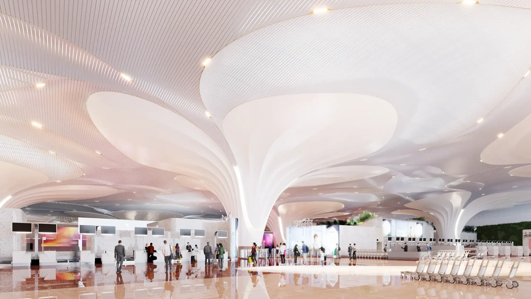 A large white building with a large group of people in it.
