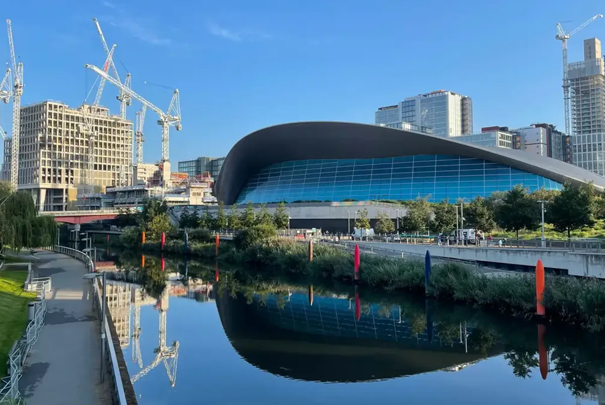A building with a glass front.