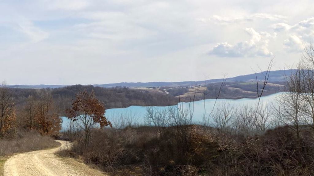 A dirt road leading to a lake.