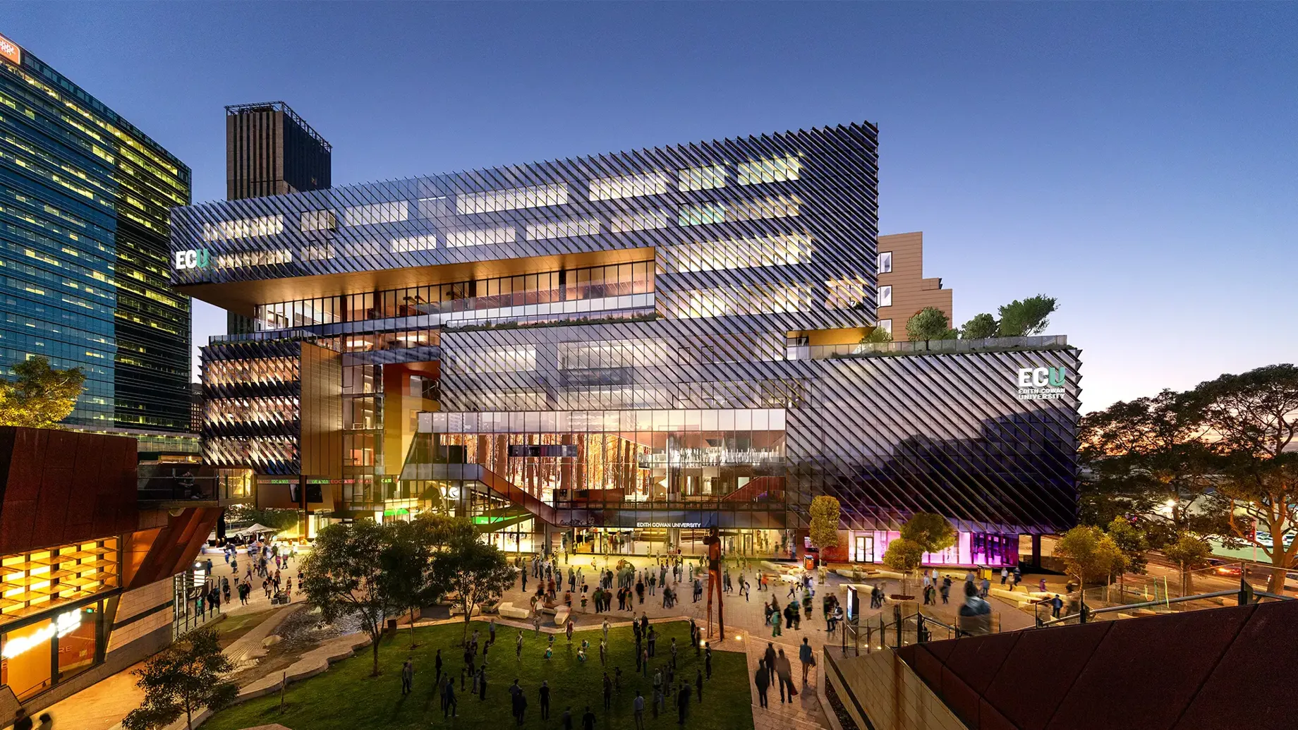 Artist illustration of new open spaces near university campus in Perth city