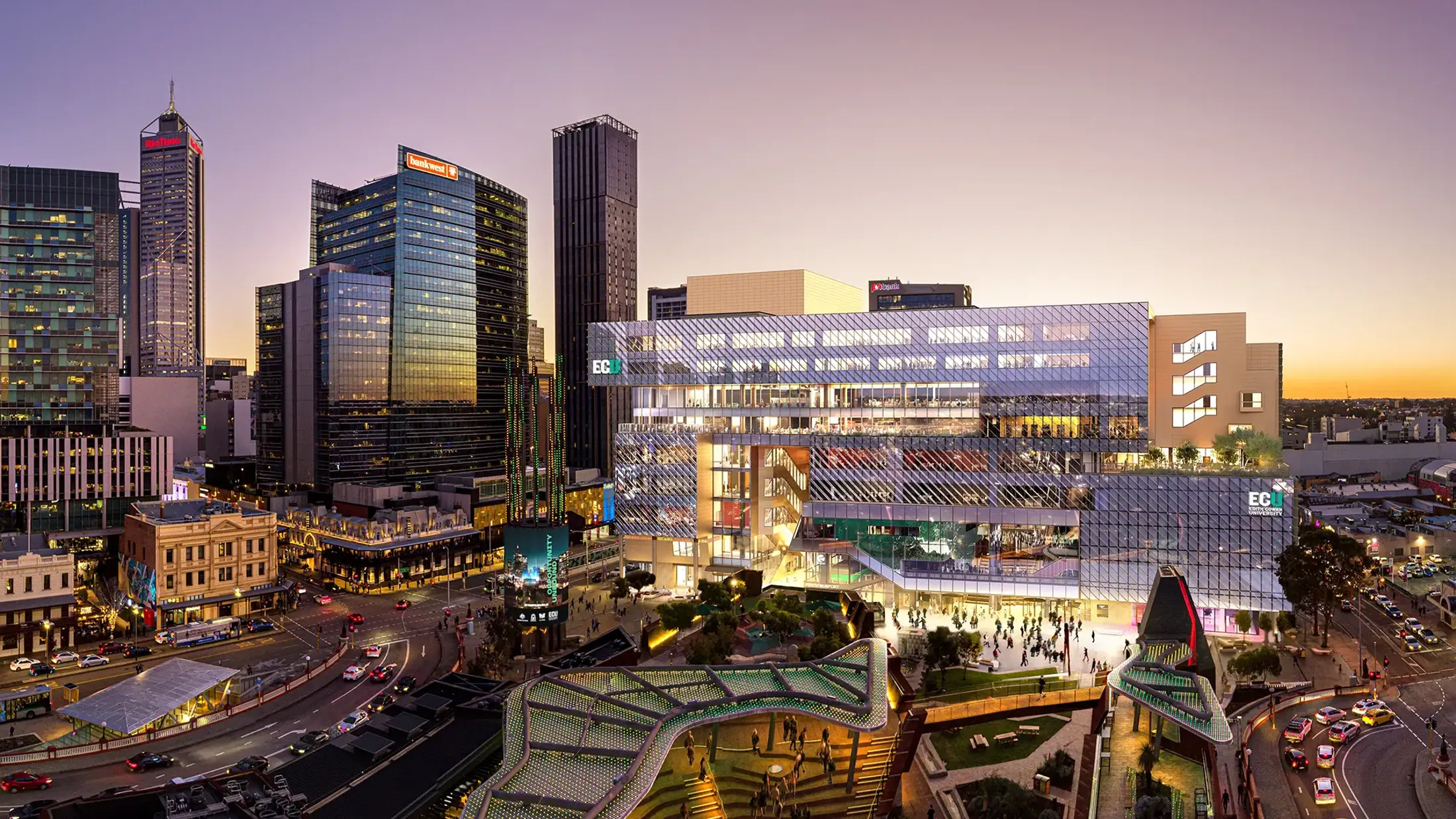 Artist illustration of new open spaces near university campus in Perth city