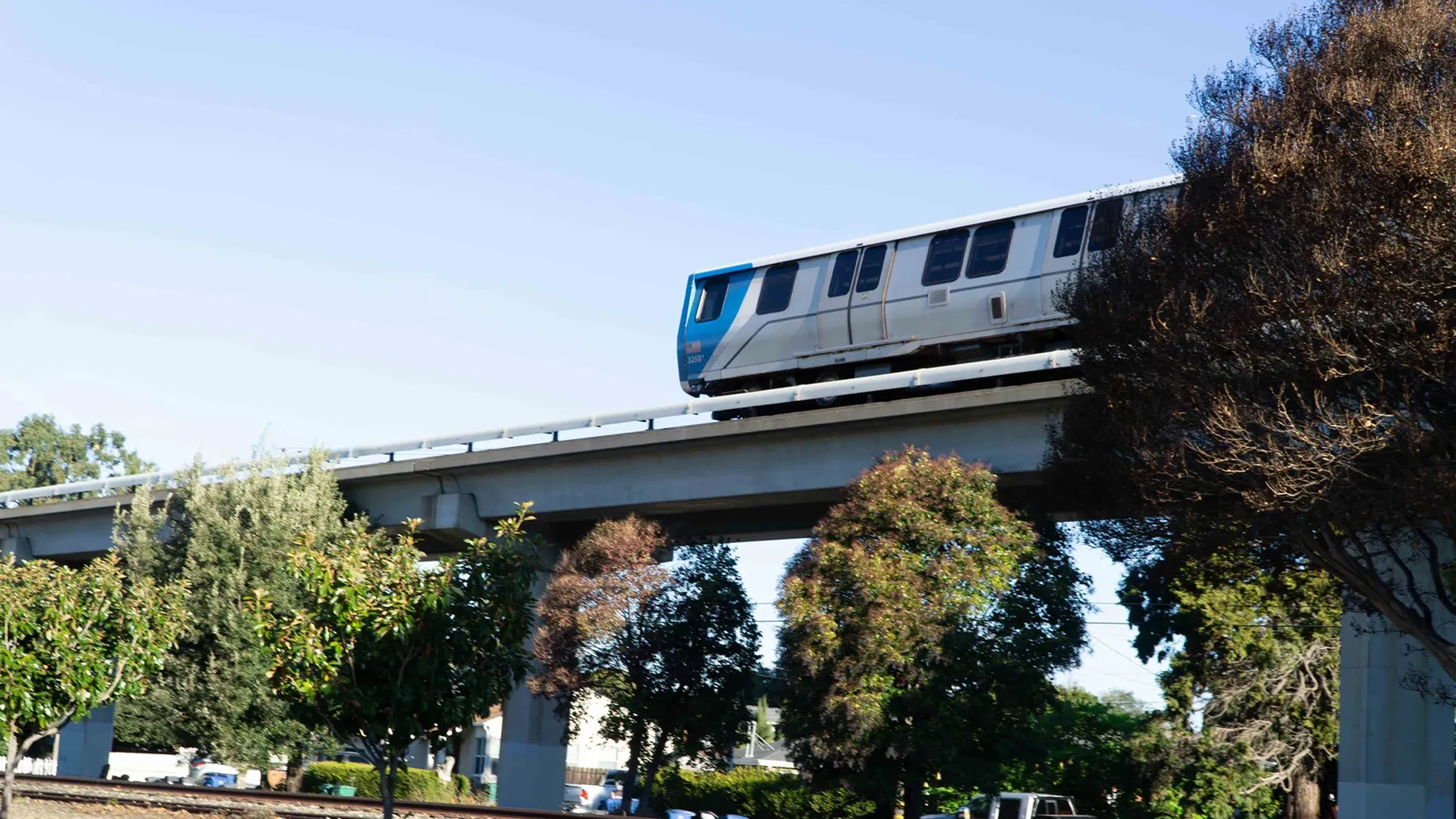 A train on an elevated guideway
