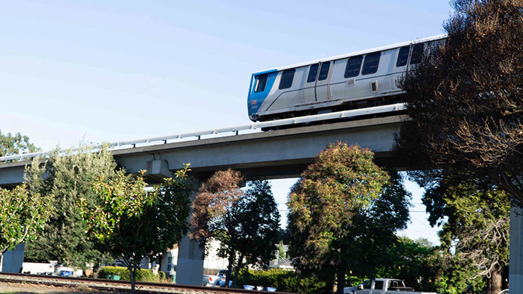 A train on an elevated guideway
