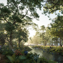 Artist impression of forest with river and walking tracks near a city