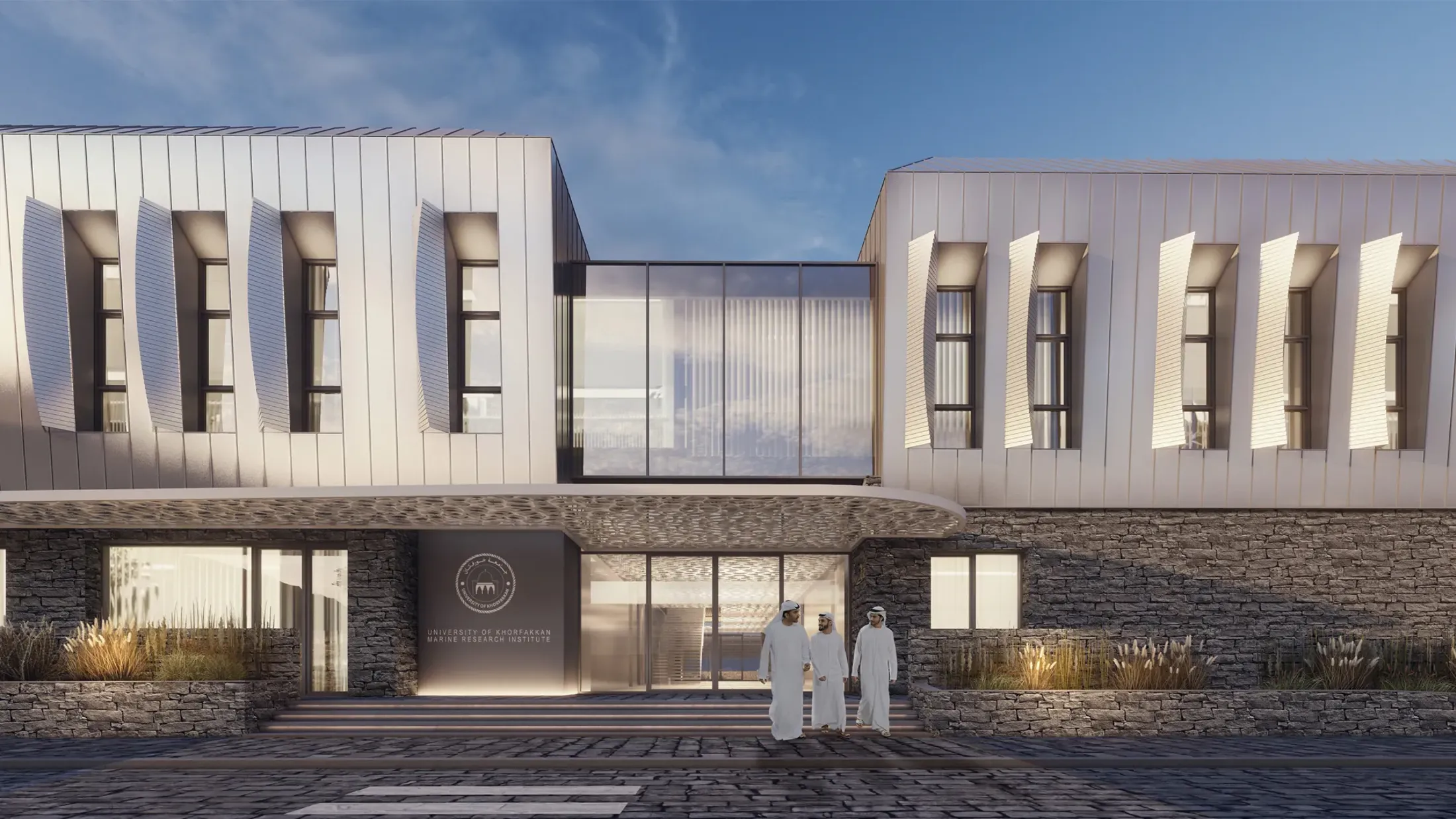 A group of people in white robes standing in front of a building.