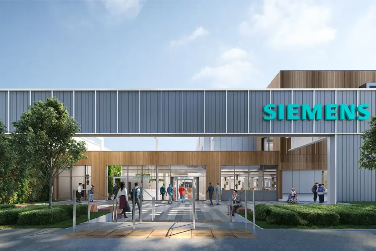 A building with people walking out front.