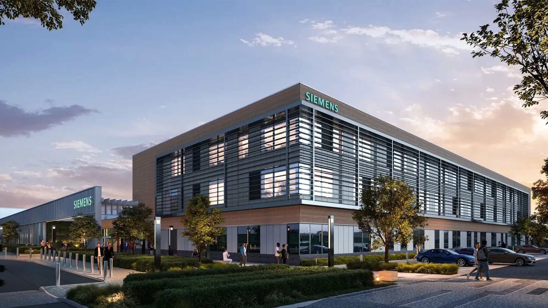 A building with a parking lot.