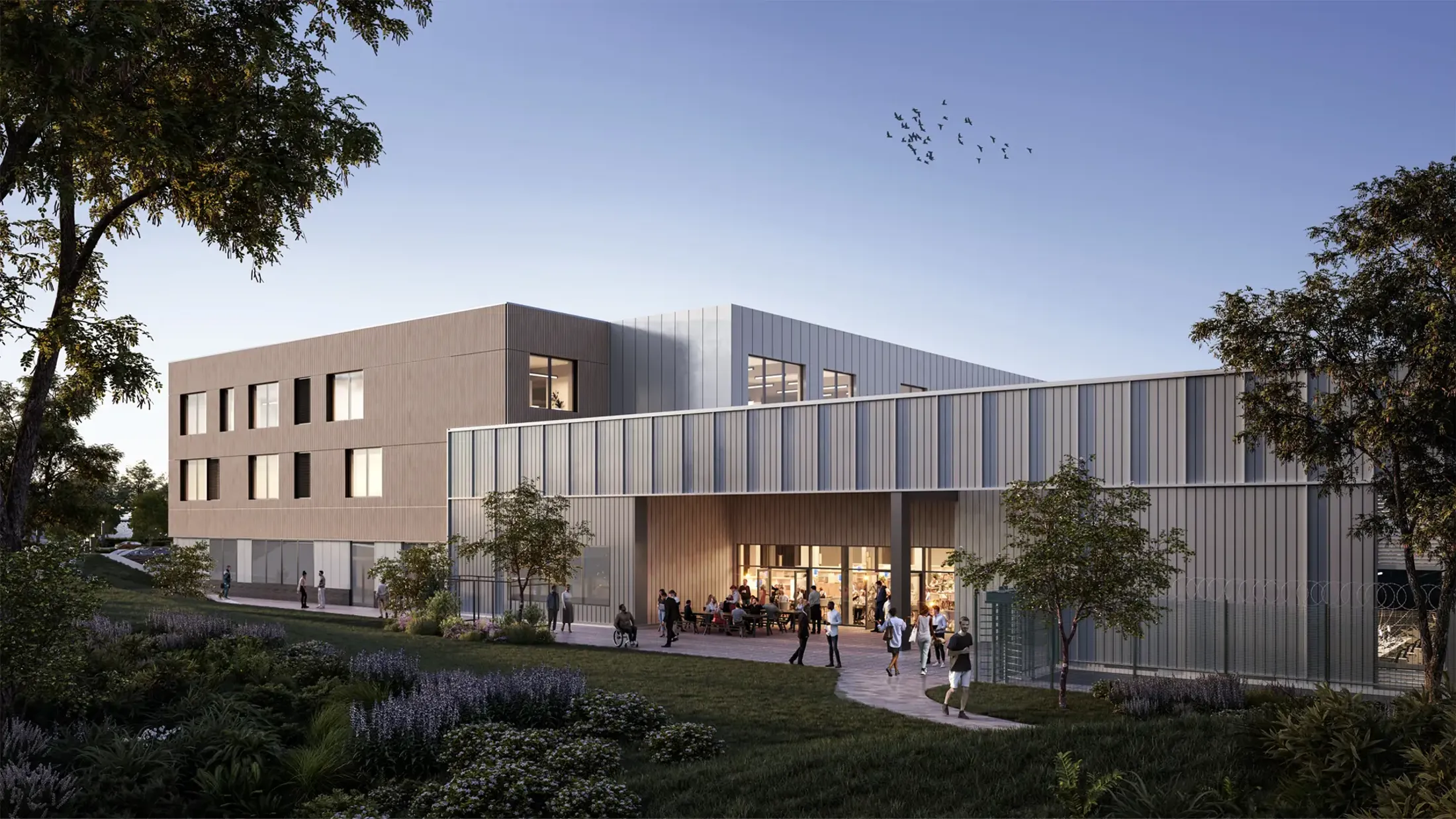 A building with people walking around.