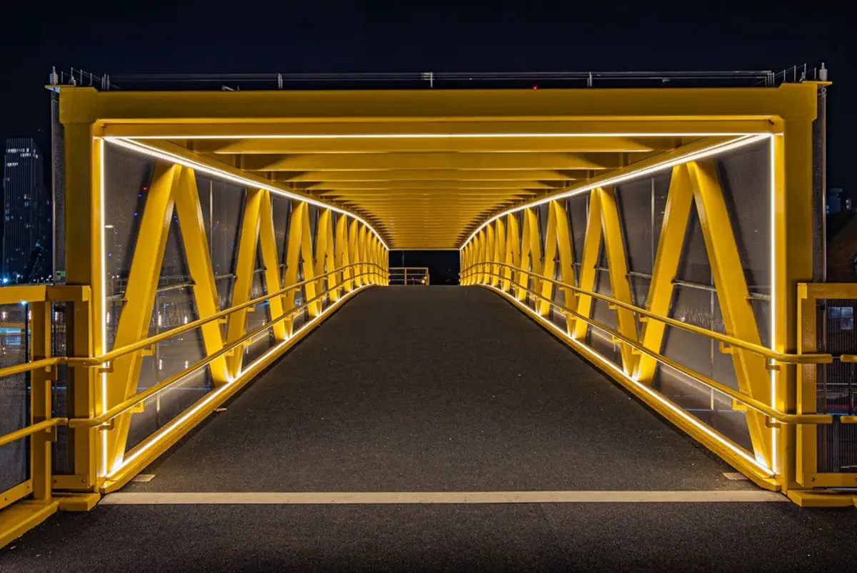 A long yellow bridge.