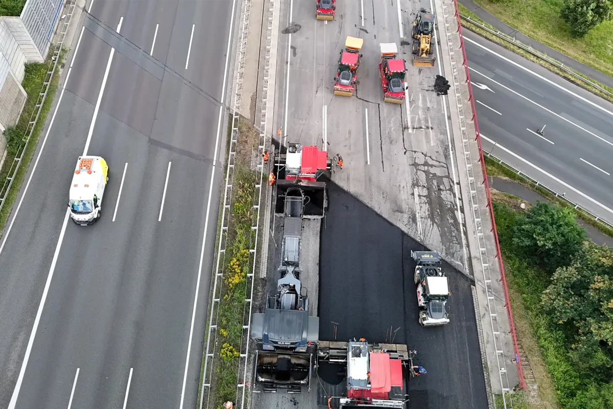 A high angle view of vehicles on a road.