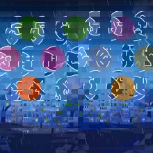 Illustration of a city with a range of icons overlaid