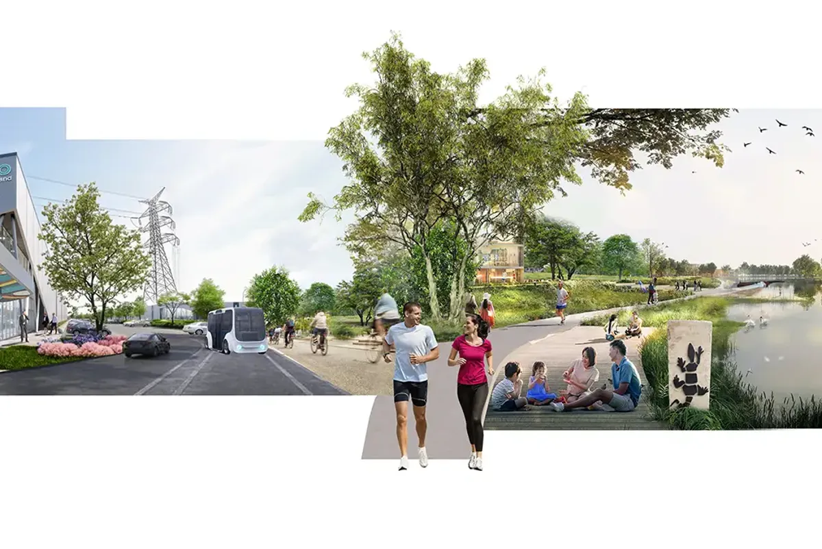 A group of people walking on a road by a body of water.