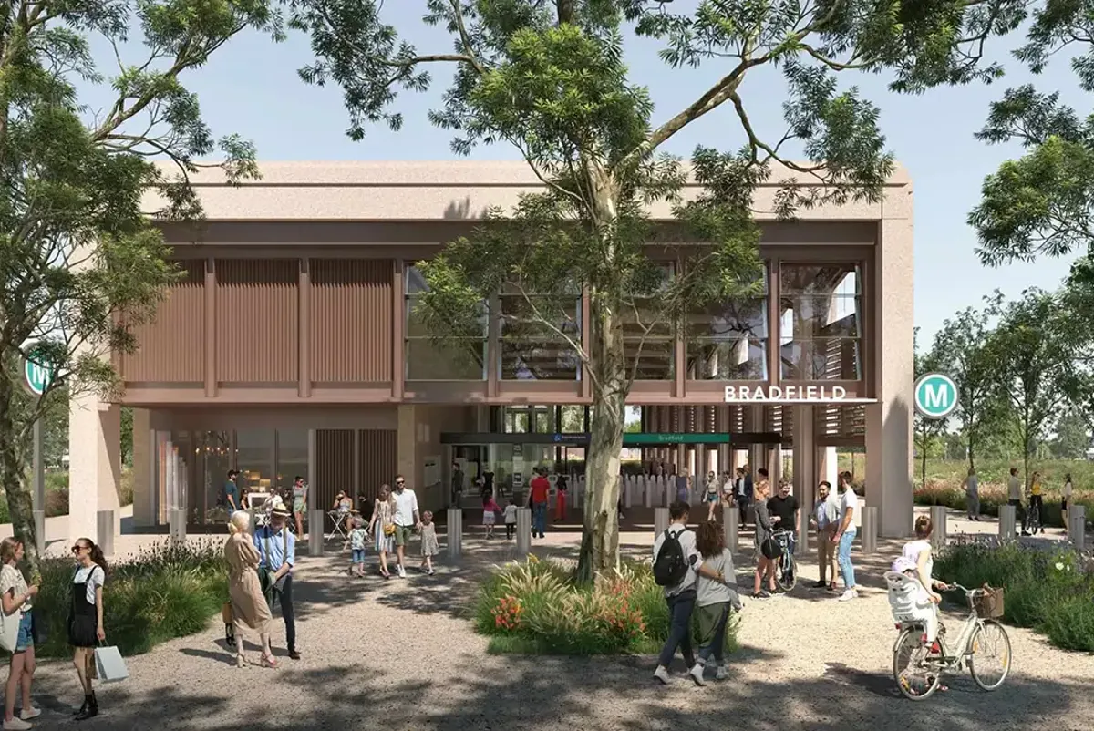 Drawing of a future metro station with trees and gardens at Bradfield