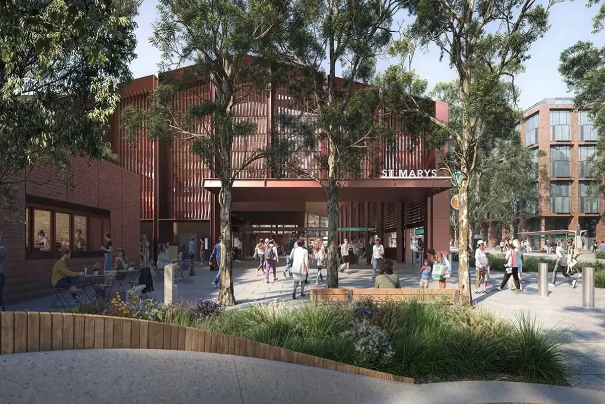 Drawing of future metro station with trees and courtyard at St Marys