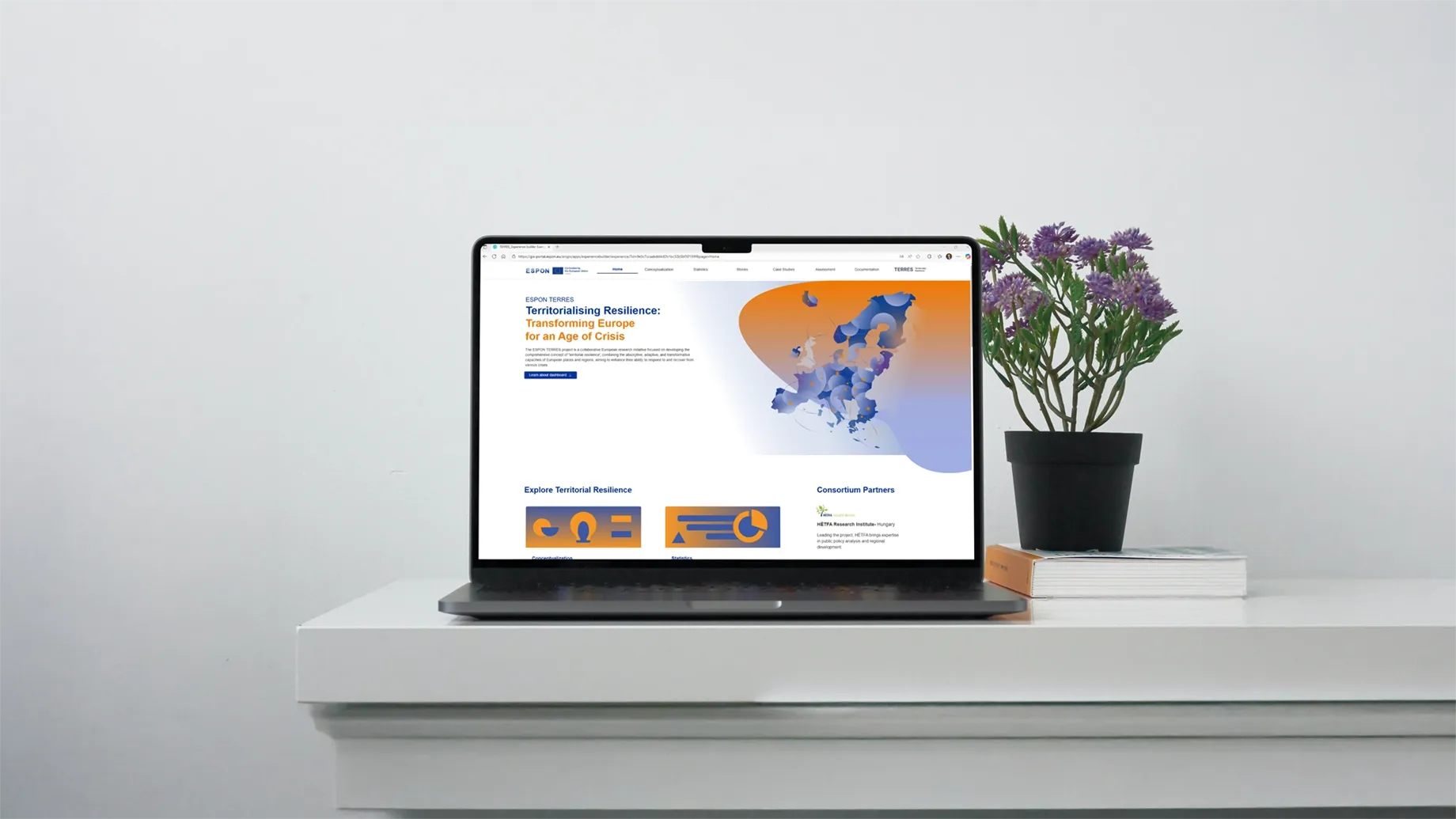 A laptop on a table.