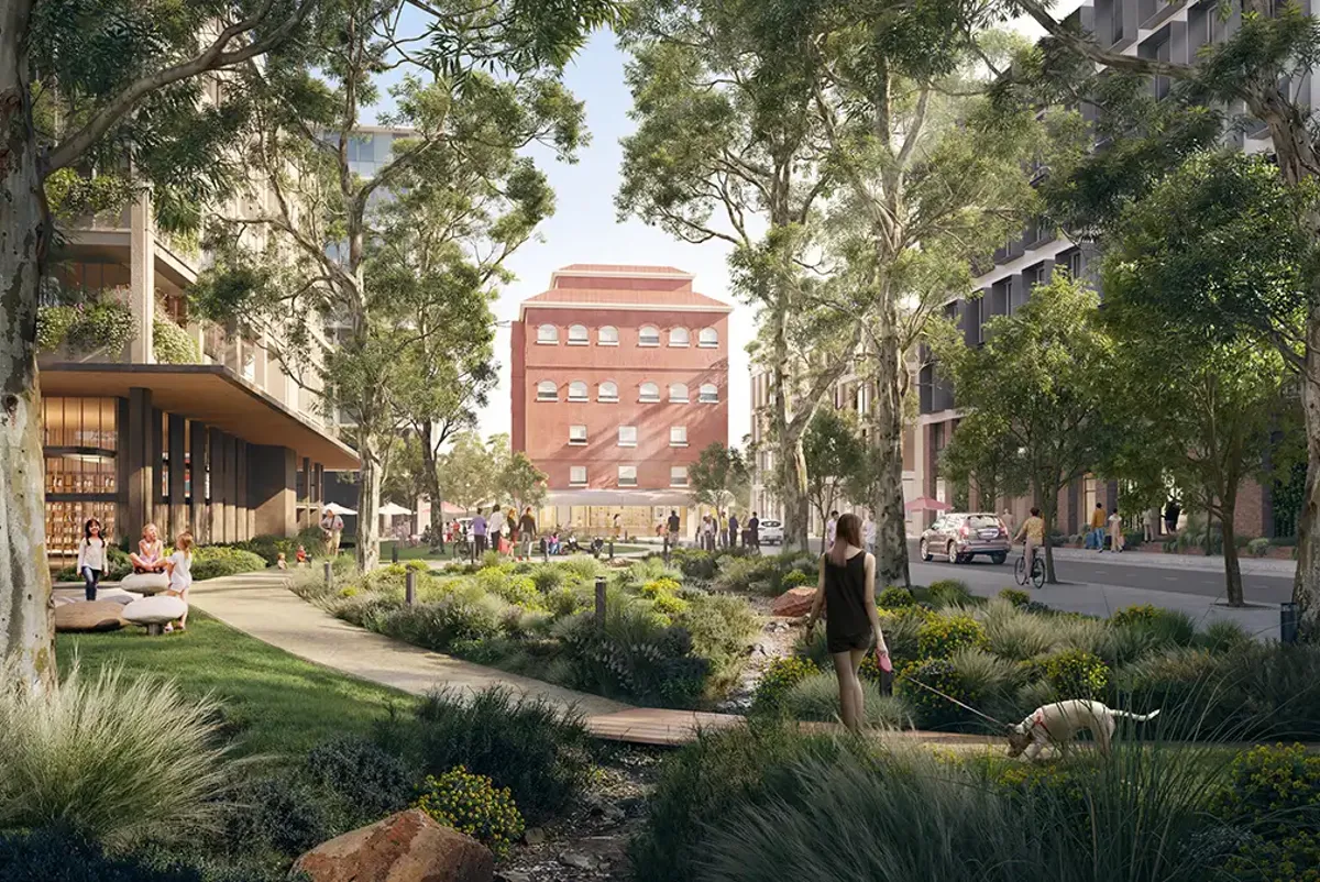 Artist impression of woman walking dog in gardens with buildings in background