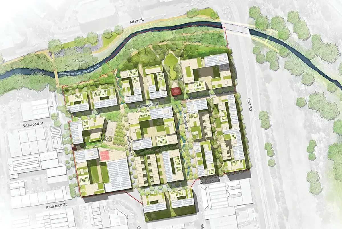 Masterplan drawing of whole precinct showing roads, buildings and parks