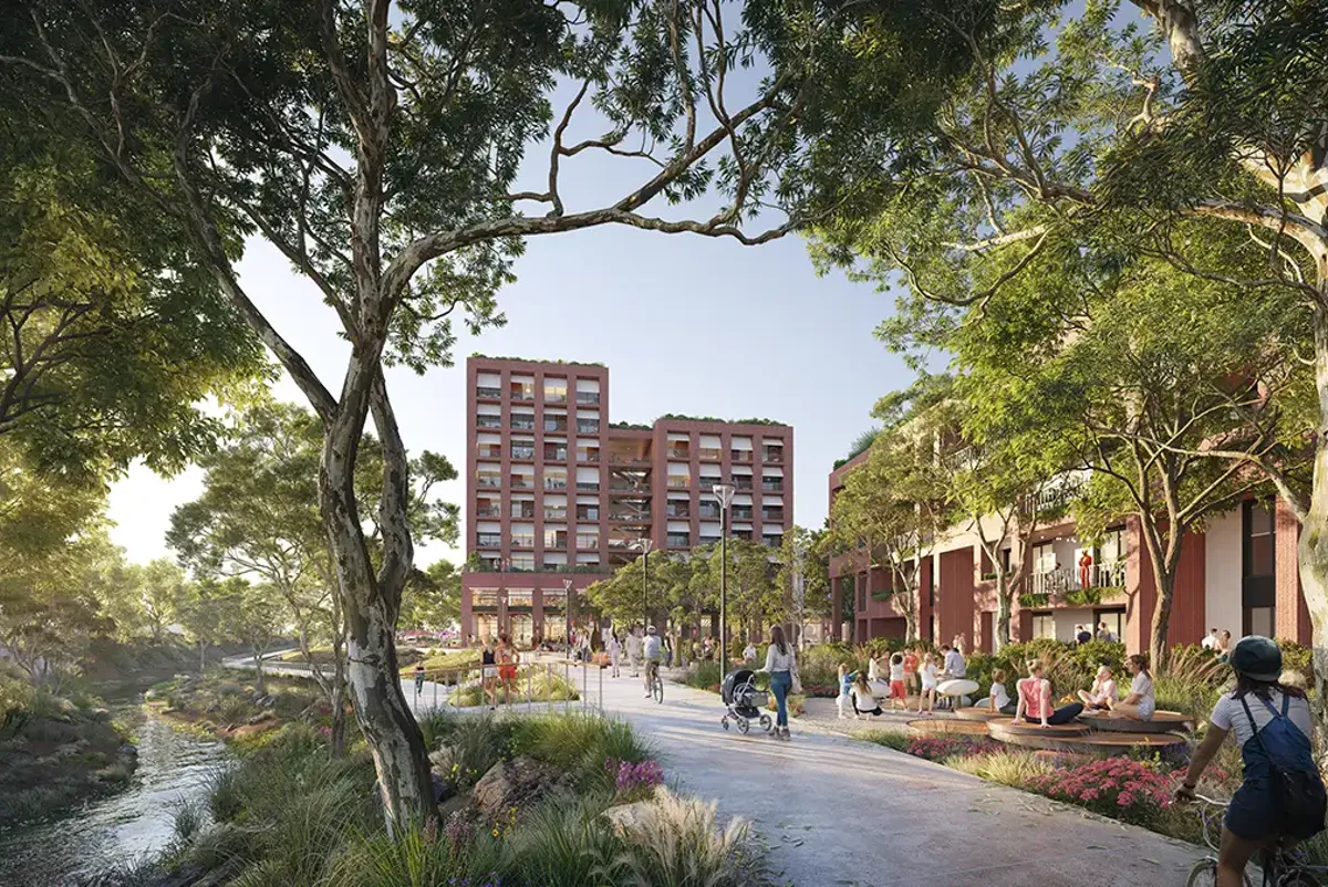 Artist impression of paths and buildings in green leafy area