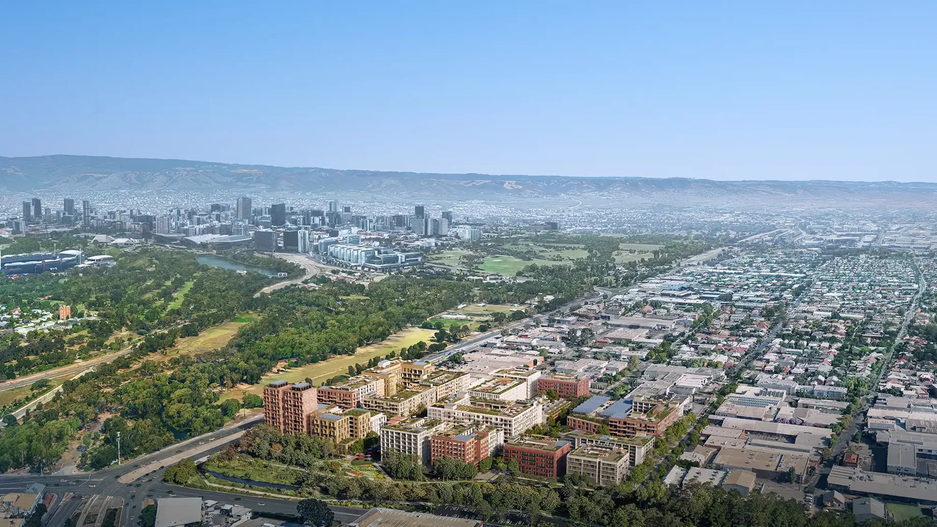 Artist impression of precinct block of buildings surrounded by parklands
