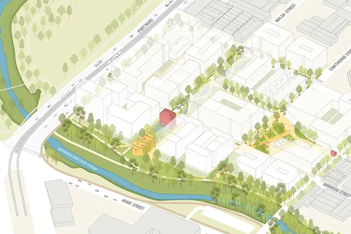 Masterplan drawing highlighting the green and blue areas of the precinct