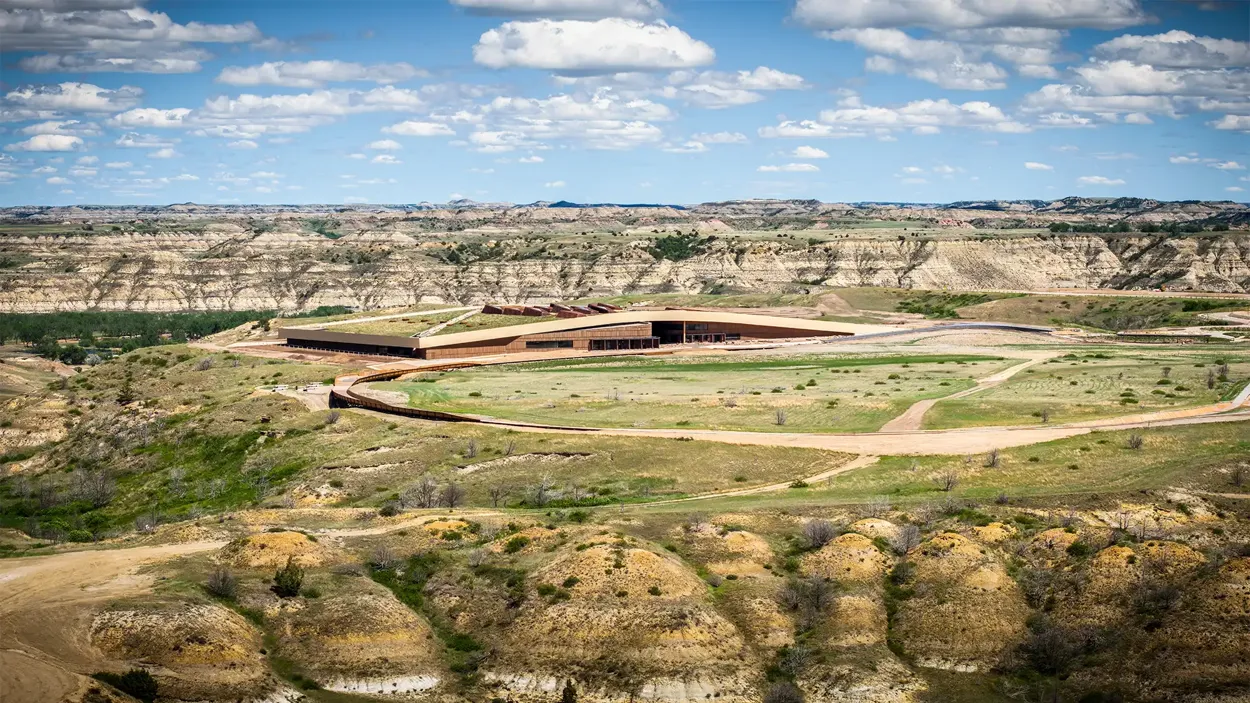 An aerial photo of library, featuring the landscape