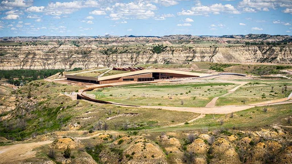 A large building in a desert.