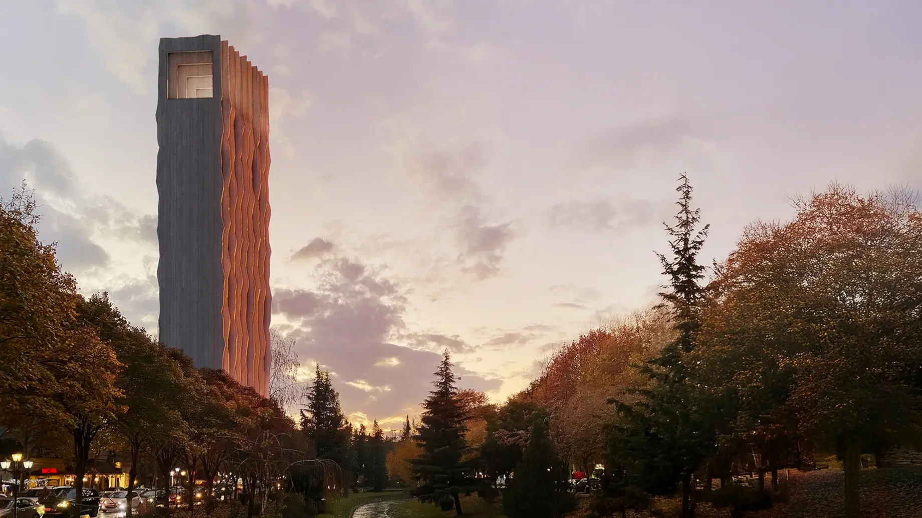 A tall building with trees in front of it.