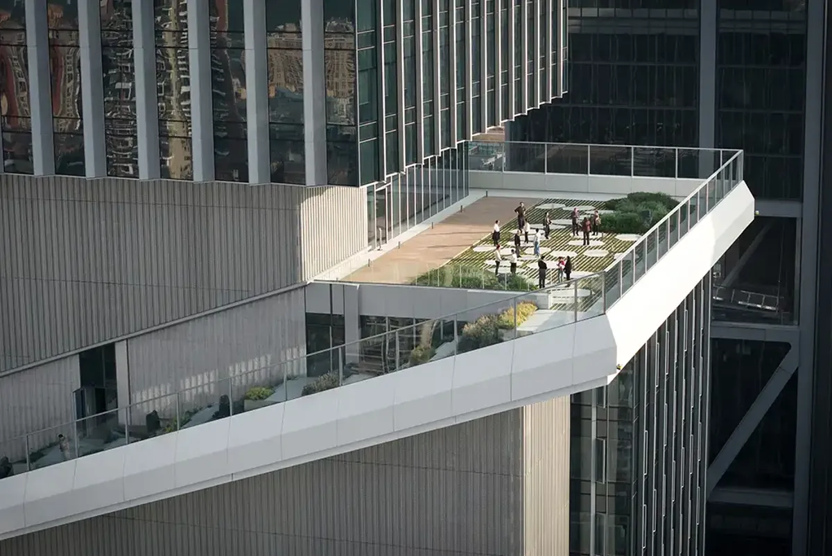 A viewing platform high above city streets