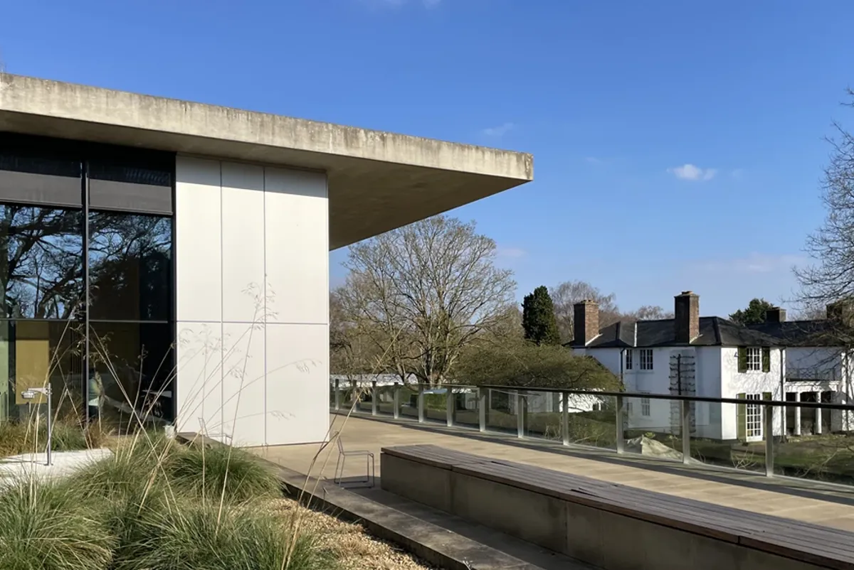 A building with a glass front.