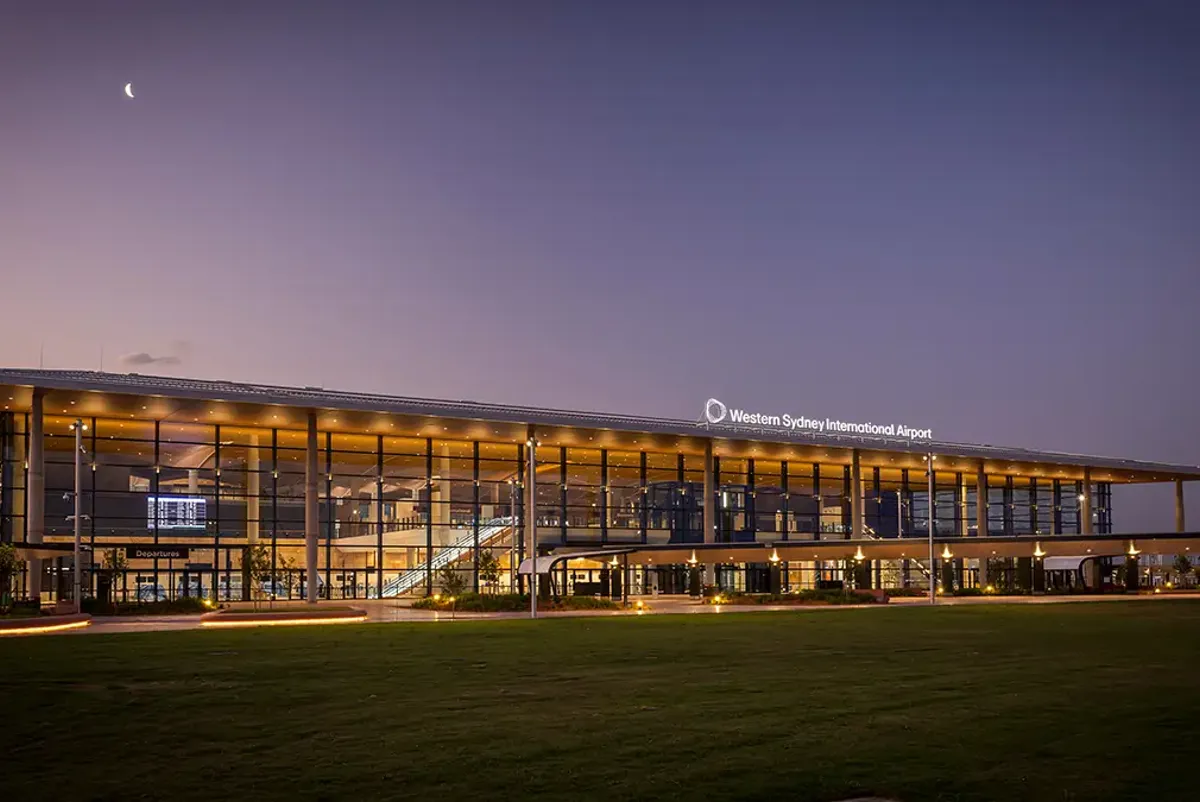 The Western Sydney International airport terminal building at night