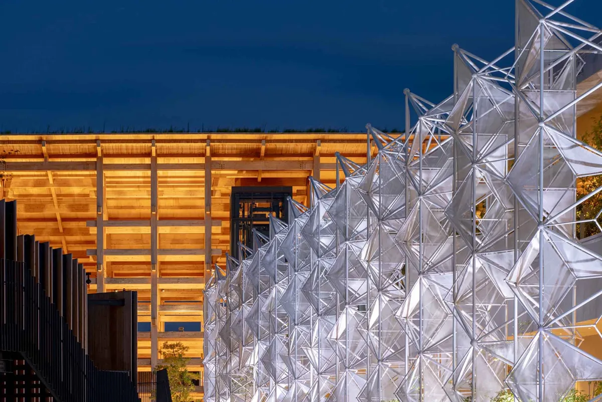 A large white structure with lights.